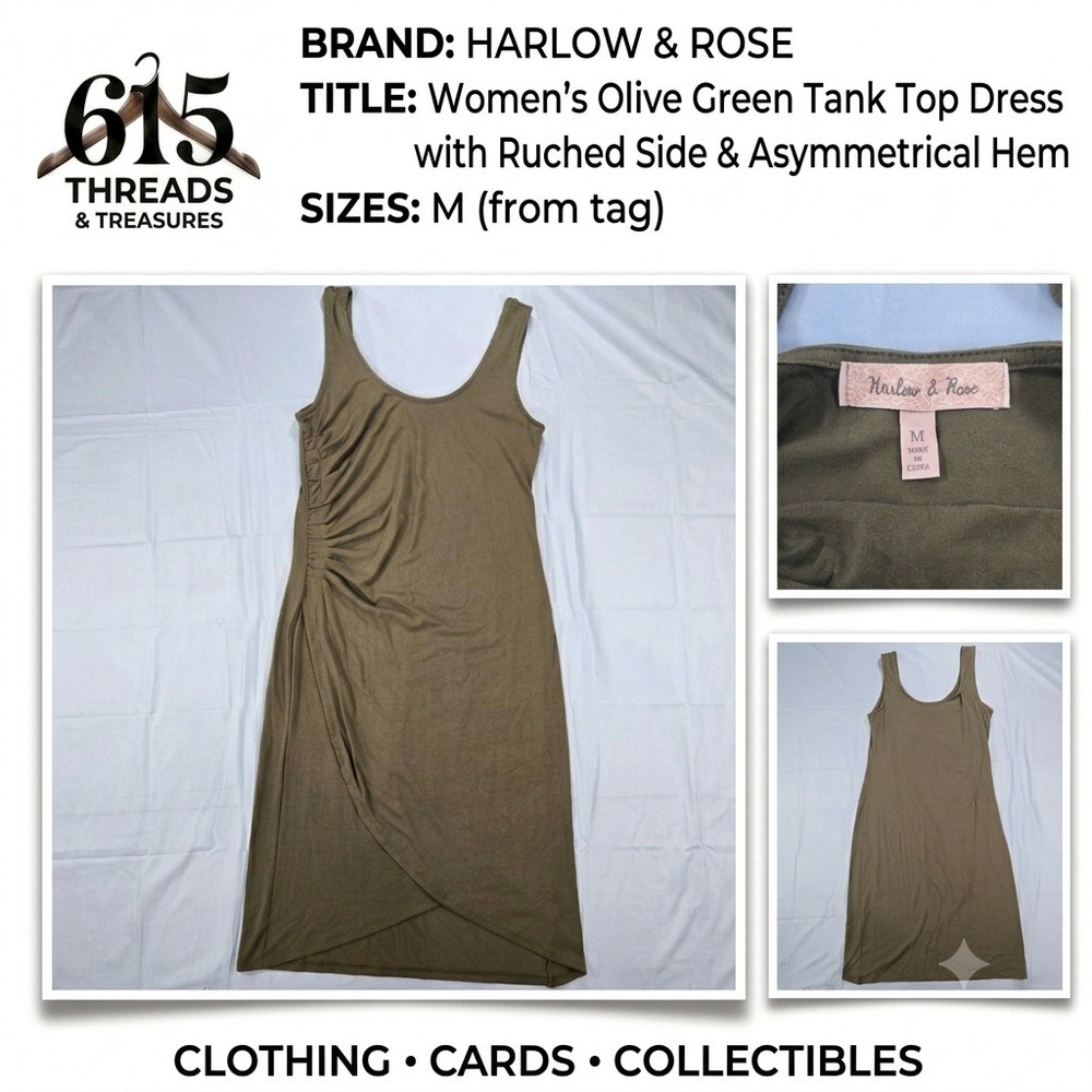 Harlow & Rose Womens Olive Green Ruched Tank Dress Asymmetrical Hem Medium